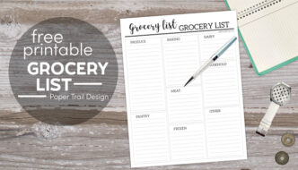 Printable grocery list with pen laying over top and notebook, tokens, cofee, and watch lying on a wood background with text overlay- free printable grocery list