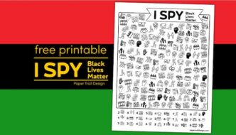 Black Lives Matter themed I spy activity on a red, black, and green background with text overlay- free printable I spy Black Lives Matter