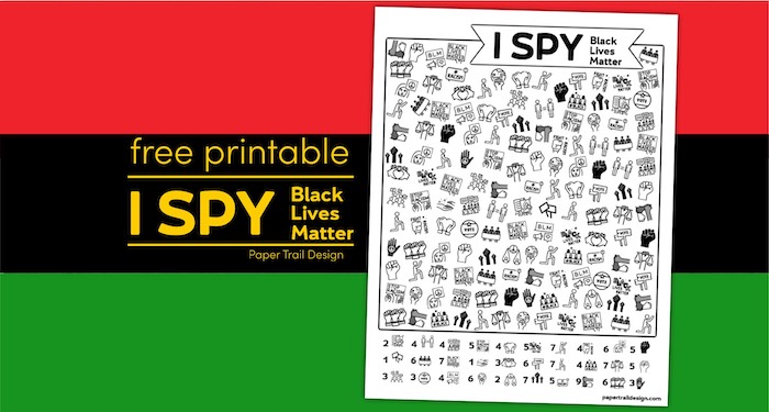 Black Lives Matter themed I spy activity on a red, black, and green background with text overlay- free printable I spy Black Lives Matter