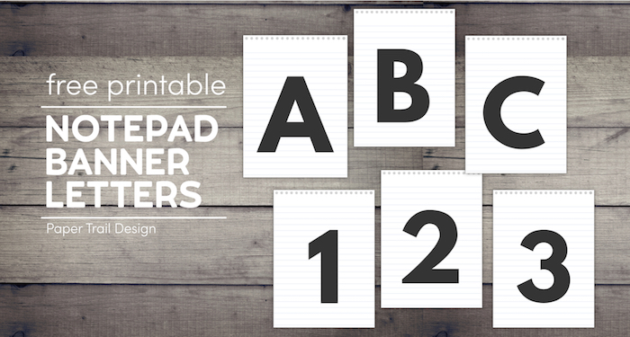 Letters A,B,C, and numbers 1,2,3 on a banner that looks like a notepad on wood background with text overlay- free printable notepad banner letters