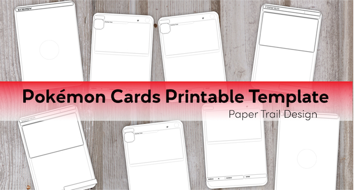 Black and white Pokemon card templates on a wood background with text overlay- Pokemon cards printable template