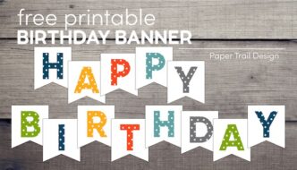 Colorful polka dot happy birthday banner on wood background with text overlay- free printable birthday banner