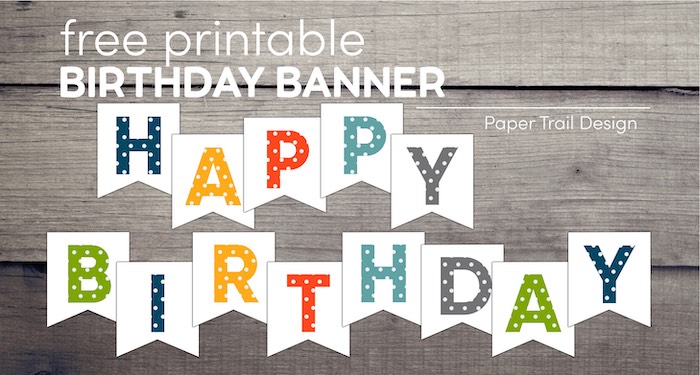 Colorful polka dot happy birthday banner on wood background with text overlay- free printable birthday banner