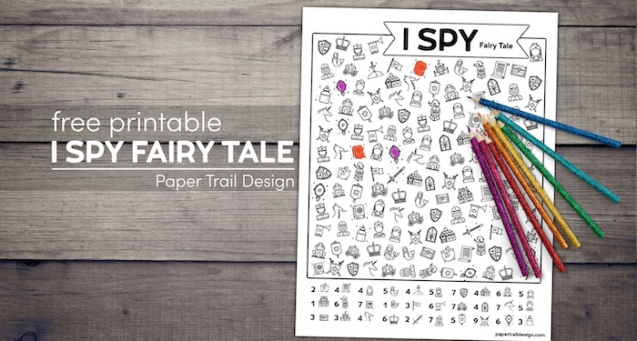 I spy activity with markings and colored pencils with text overlay- free printable I spy fairy tale.