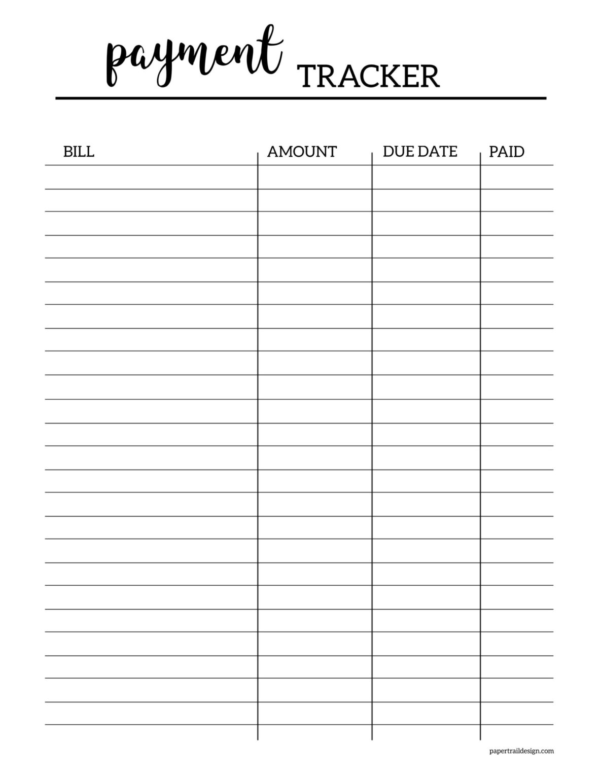 Free printable bill tracker paper trail design