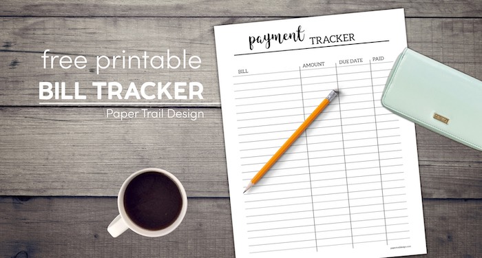 Printable payment tracker page with pencil and coffee cup with text overlay- free printable bill tracker