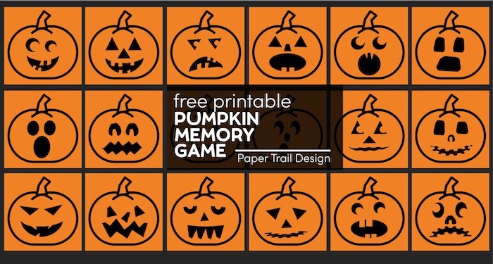 Orange memory game cards with jack-o-lantern faces with text overlay- free printable pumpkin memory game