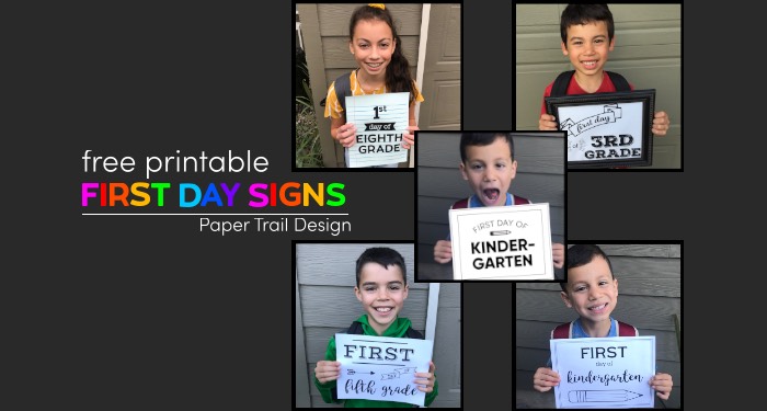 Children holding first day of school signs with text overlay- free printable first day signs