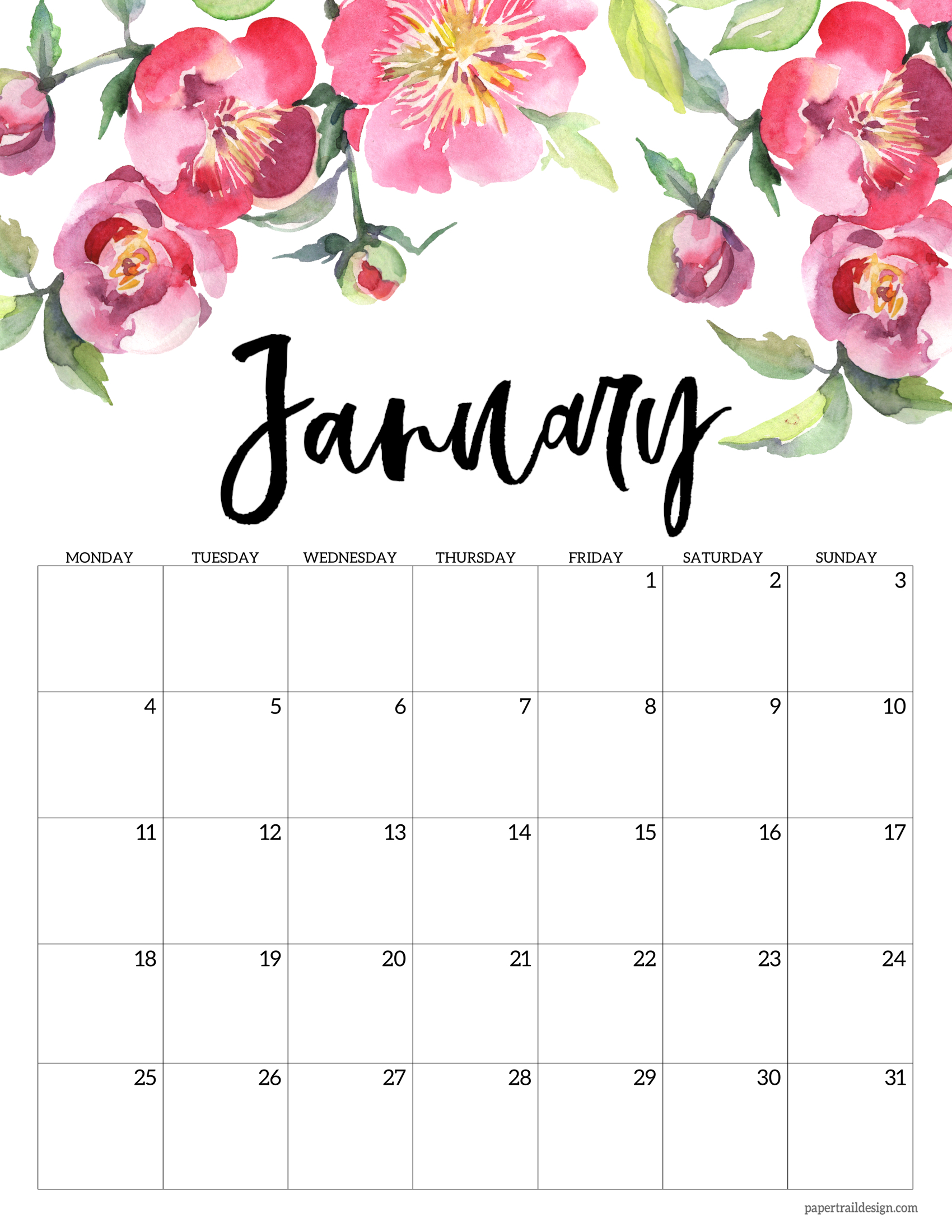 Free Printable 2021 Floral Calendar - Monday Start | Paper ...