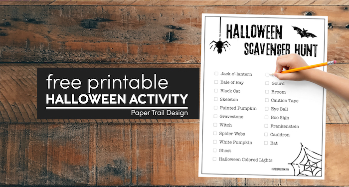 Halloween scavenger hunt printable for kids with kids hand holding pencil with text overlay- free printable Halloween activity