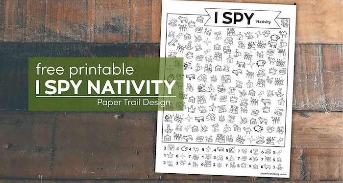 Christmas Nativity themed I spy activity with text overlay- free printable I spy Nativity