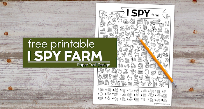 Farm Activity page I spy with pencil and text overlay- free printable I spy farm