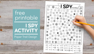 Snowflake I spy page with kids hand holding pencil with text overlay- free printable I spy activity