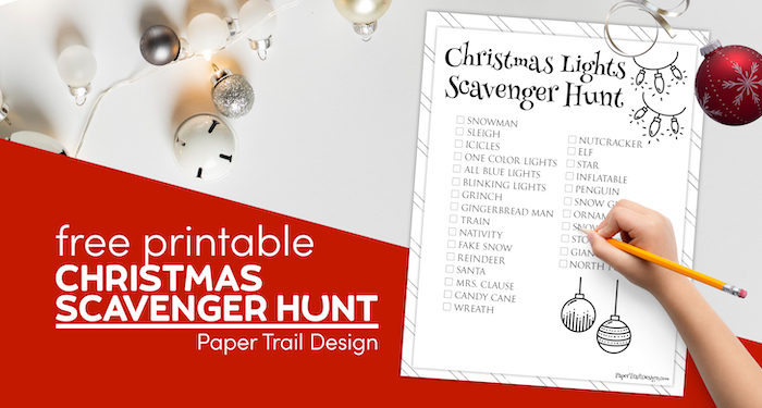 Christmas light scavenger hunt printable page with text overlay- free printable Christmas scavenger hunt