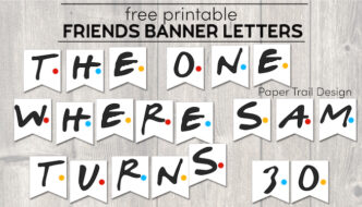 Friends themed banner letters that say "the one where Sam turns 30" with text overlay free printable Friends Banner Letters
