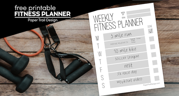 Weekly fitness planning template page with weights and fitness bands with text overlay- free printable fitness planner