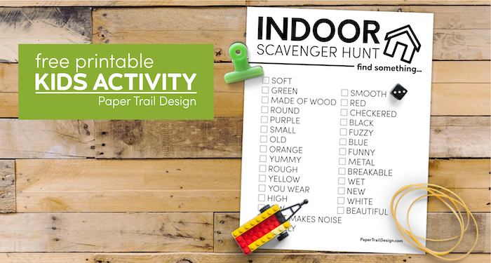 Kids indoor scavenger hunt printable with text overlay- free printable kids activity