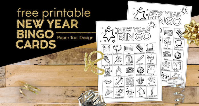 New Year's bingo game with text overlay- free printable New Year Bingo cards.