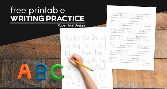 ABC writing practice page with text overlay- free printable handwriting practice