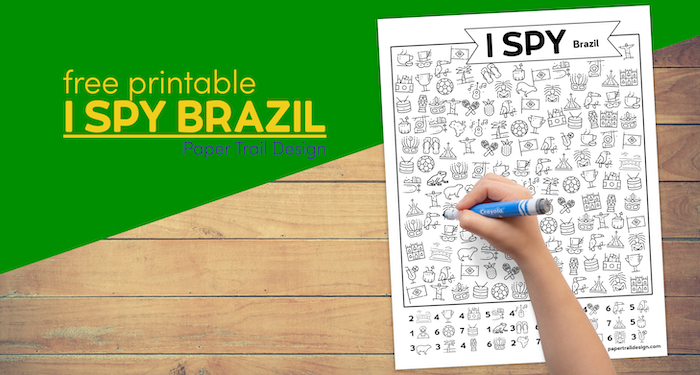 Free printable I spy Brazil activity page with text overlay- free printable I spy Brazil