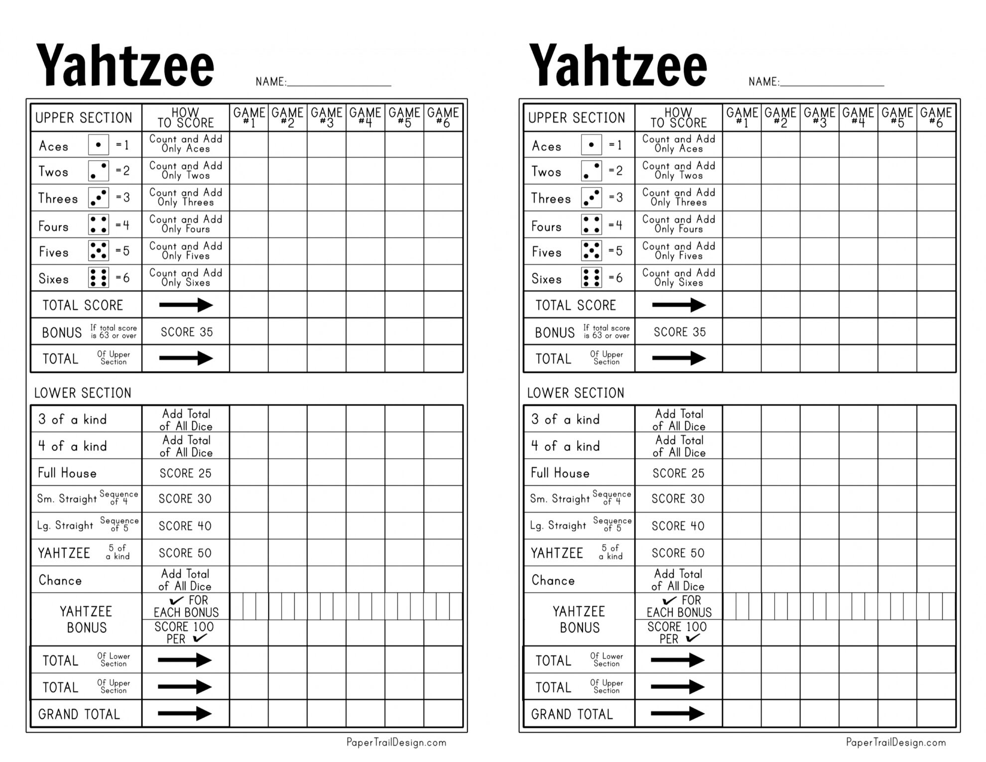 50 DOUBLE SIDED SHEETS - A6 SIZE 100 SIDES YAHTZEE SCORE CARDS 