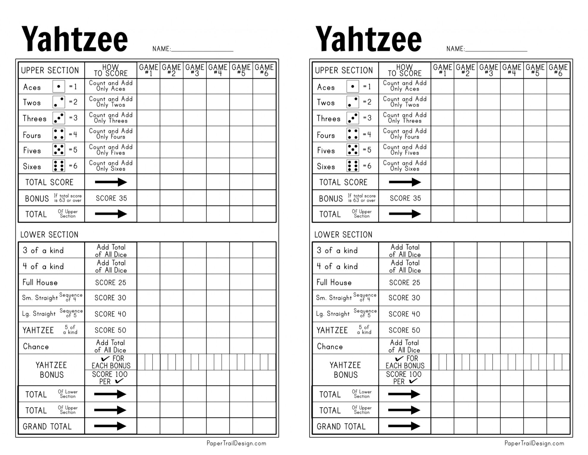 Printable Yahtzee Sheet