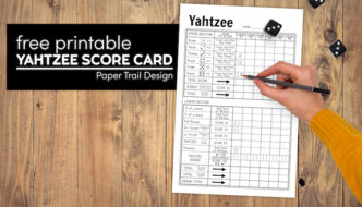 Printable yahtzee sheets with five dice and hand holding pencil with text overlay- free printable yahtzee score card