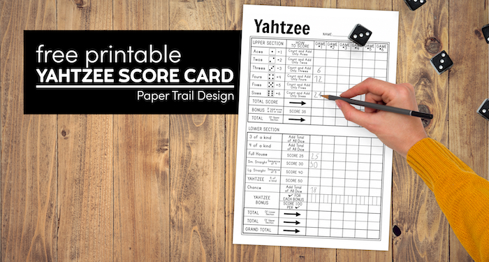 Printable yahtzee sheets with five dice and hand holding pencil with text overlay- free printable yahtzee score card