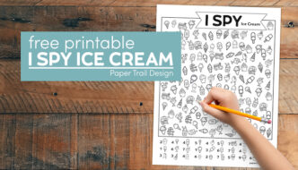 I spy Ice cream kids activity with kids hand holding pencil with text overlay- free printable I spy ice cream