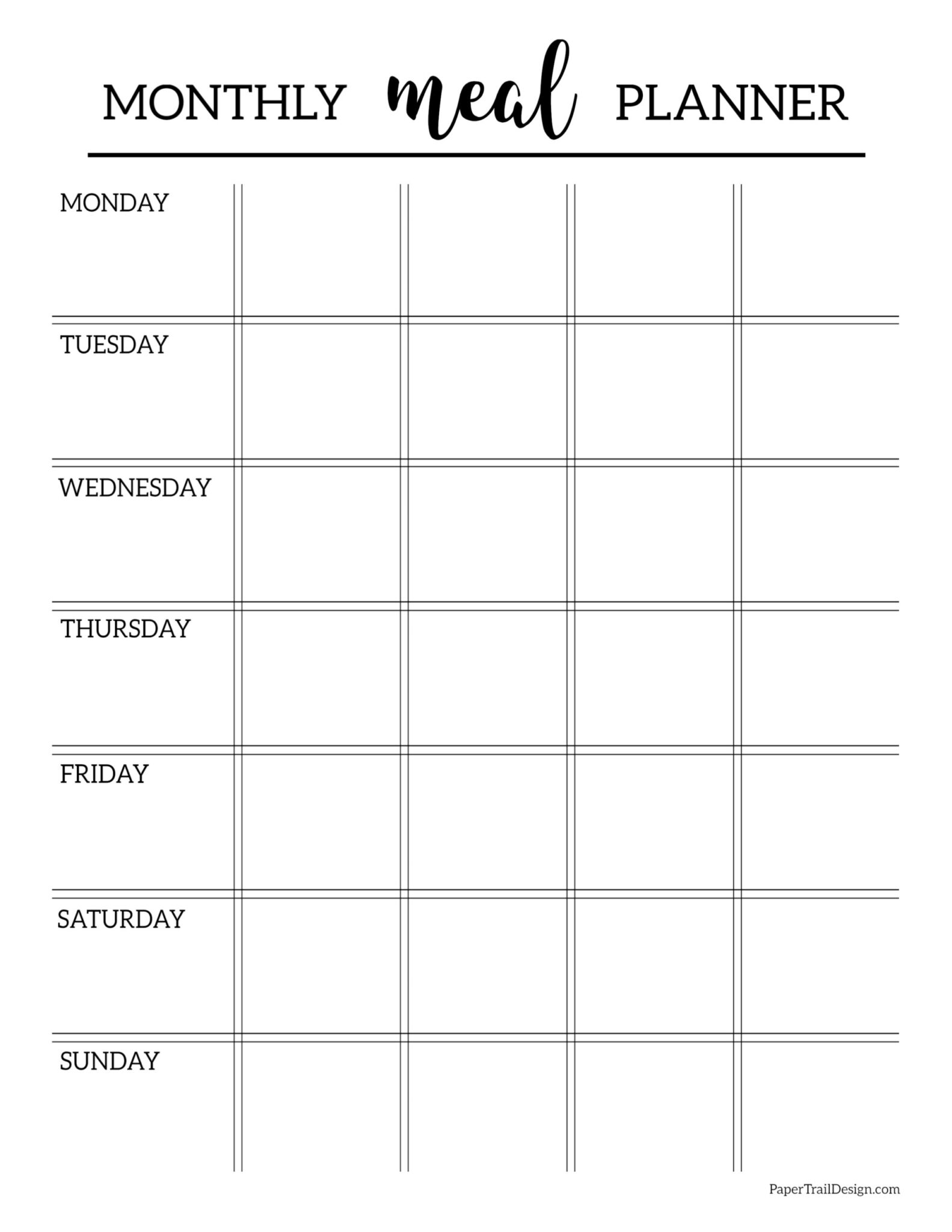 Free Printable Monthly Meal Planner Template Paper Trail Design