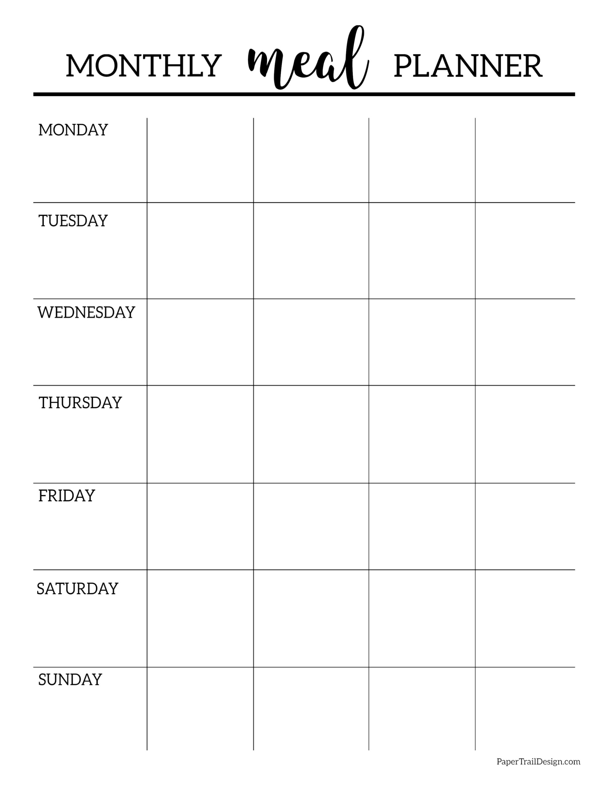 Free Printable Monthly Meal Planner Template Paper Trail Design