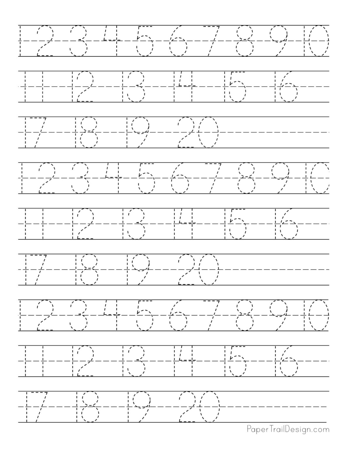 free number tracing worksheets paper trail design