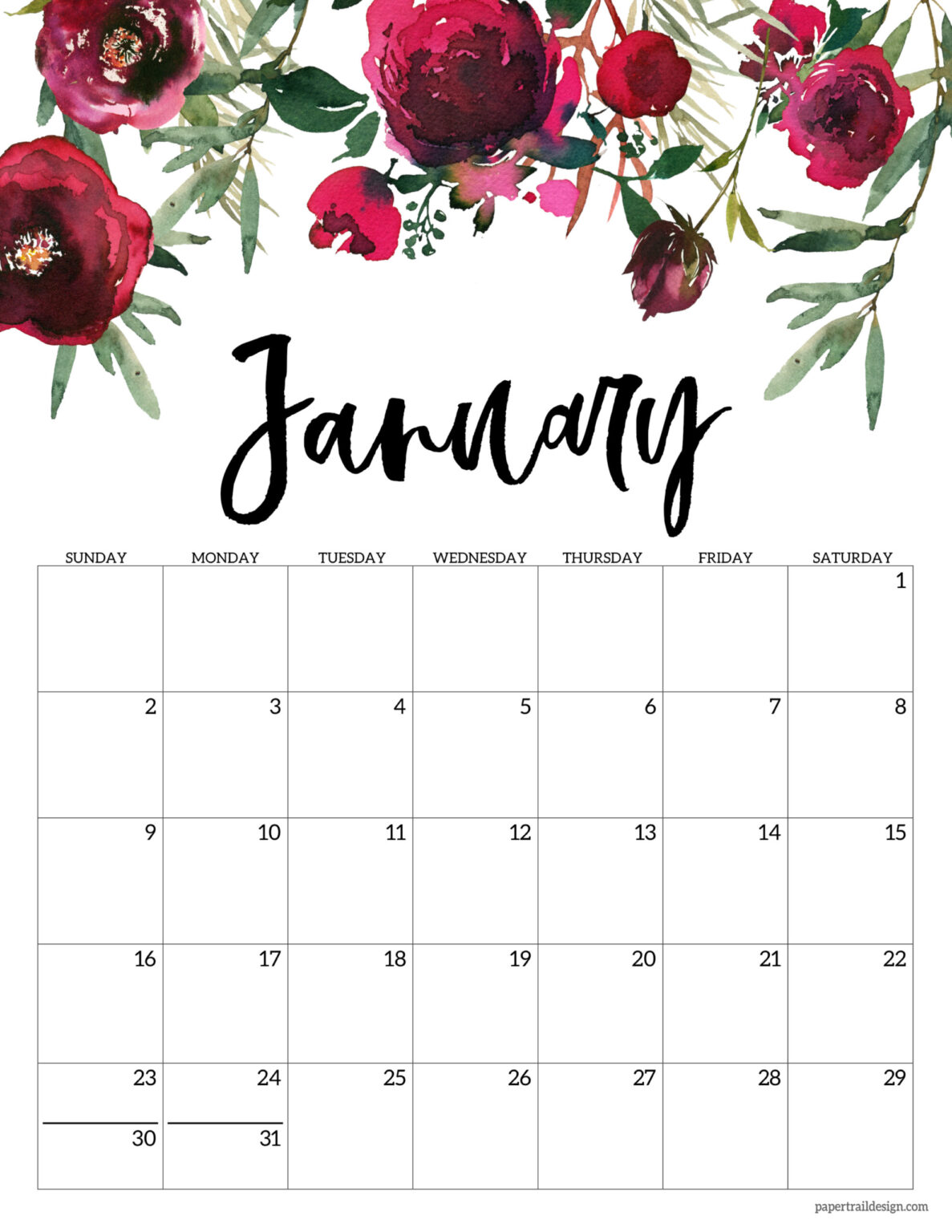 Free 2022 Calendar Printable Floral Paper Trail Design