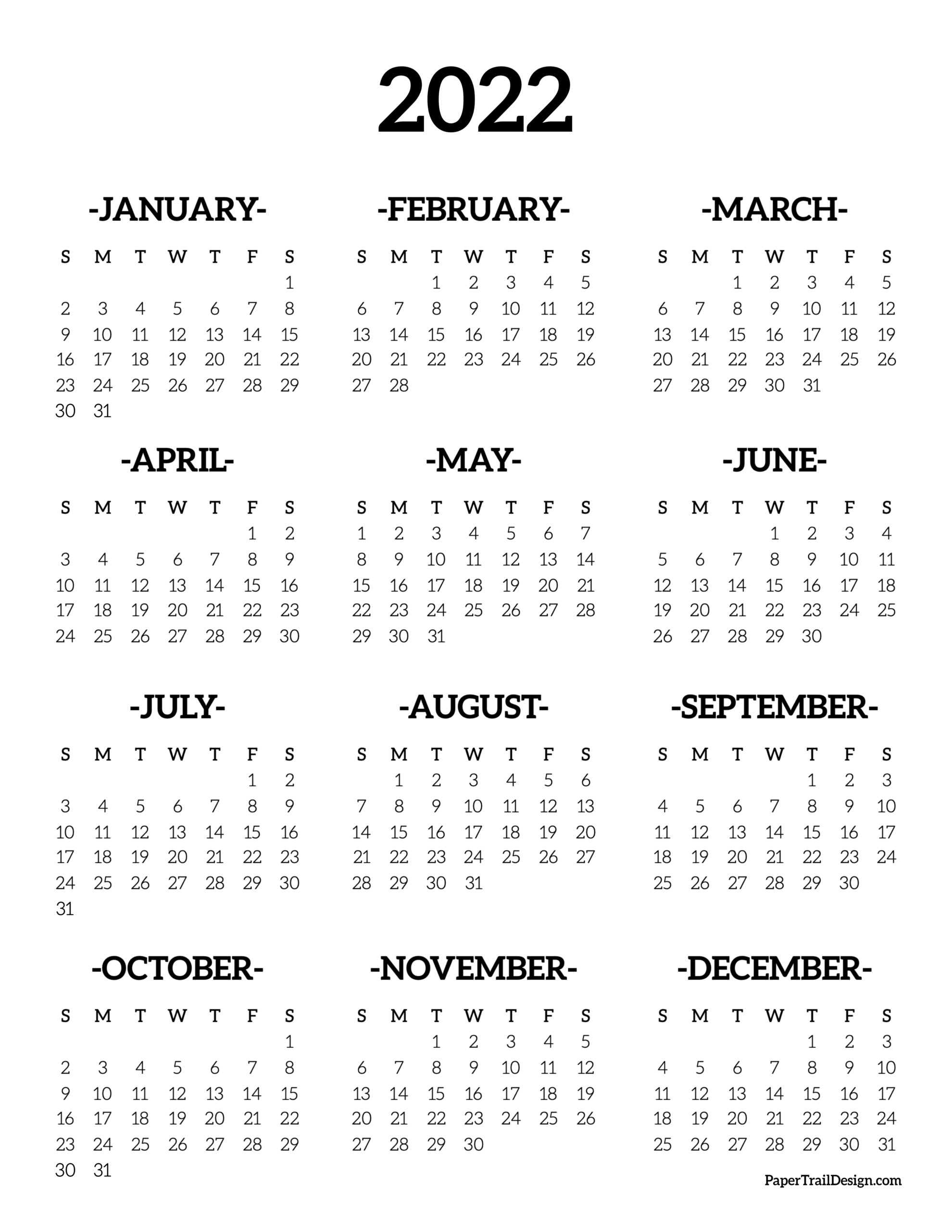Full Year 2022 Calendar Calendar 2022 Printable One Page - Paper Trail Design