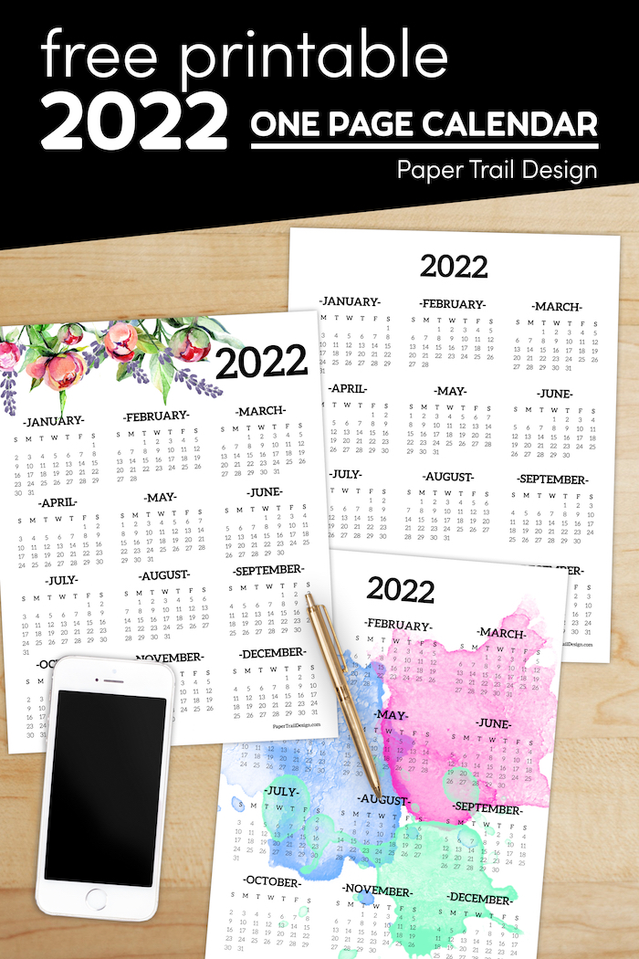 Calendar 2022 Printable One Page Paper Trail Design