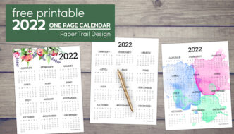2022 calandars one page plain, floral, and watercolor designs with text overlay- free printable 2022 one page calendar
