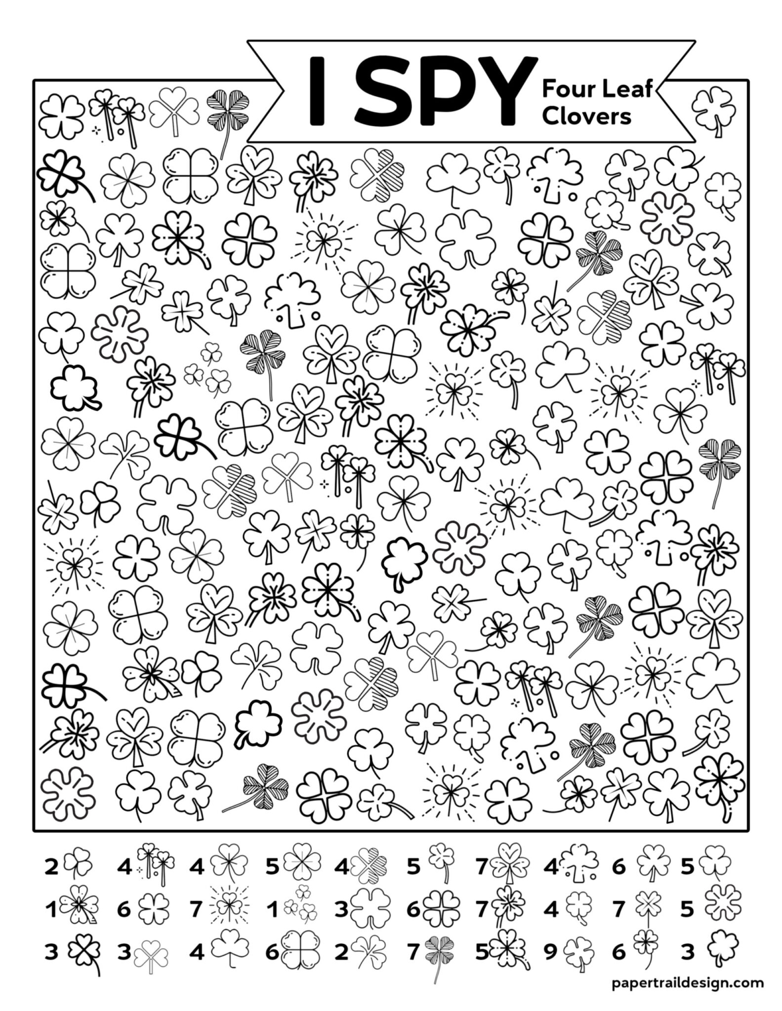 Free Printable I Spy Four Leaf Clovers Activity Paper Trail Design Free Printable I Spy Four Leaf Clovers Activity Paper Trail Design