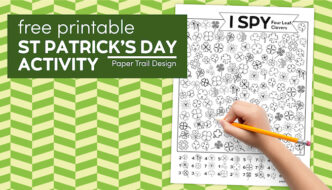 I spy four leaf clovers activity page with kid's hand with text overlay- free printable St. Patrick's Day Activity