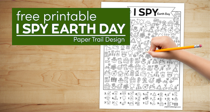 Earth Day kids activity page with kids hand holding a pencil with text overlay- free printable I spy Earth Day