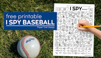 I spy baseball themed activity page with kid's hand holding pencil and a baseball in the grass with text overlay- free printable I spy baseball