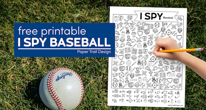 I spy baseball themed activity page with kid's hand holding pencil and a baseball in the grass with text overlay- free printable I spy baseball