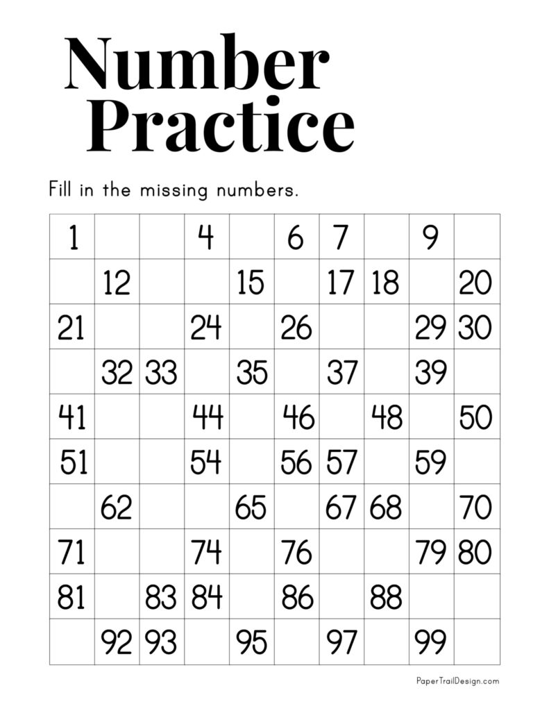 100 Chart Missing Numbers Worksheet