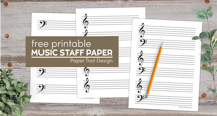 Treble, bass, and combined treble and bass clef music staff paper with text overlay- free printable music staff paper