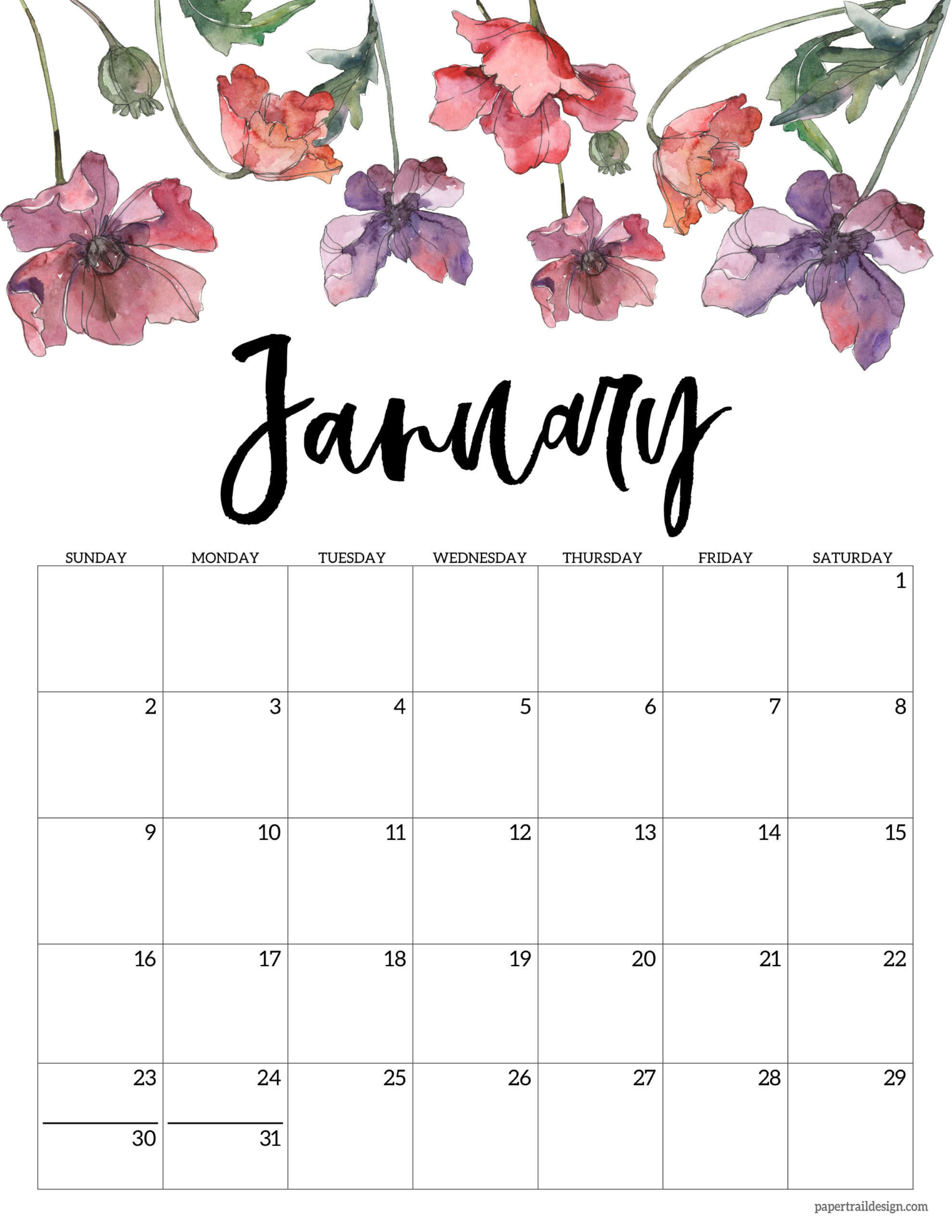 2022 Free Printable Calendar Floral Paper Trail Design