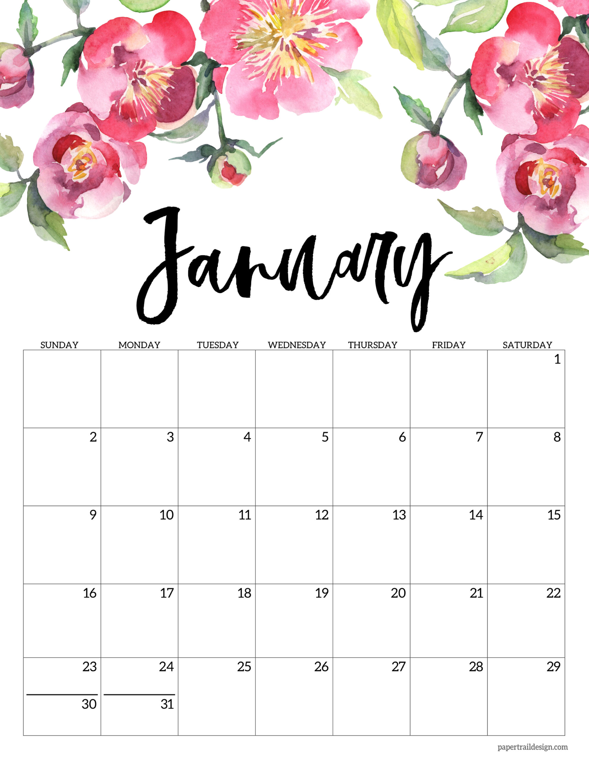 Pretty January 2022 Calendar Free Printable 2022 Floral Calendar - Paper Trail Design