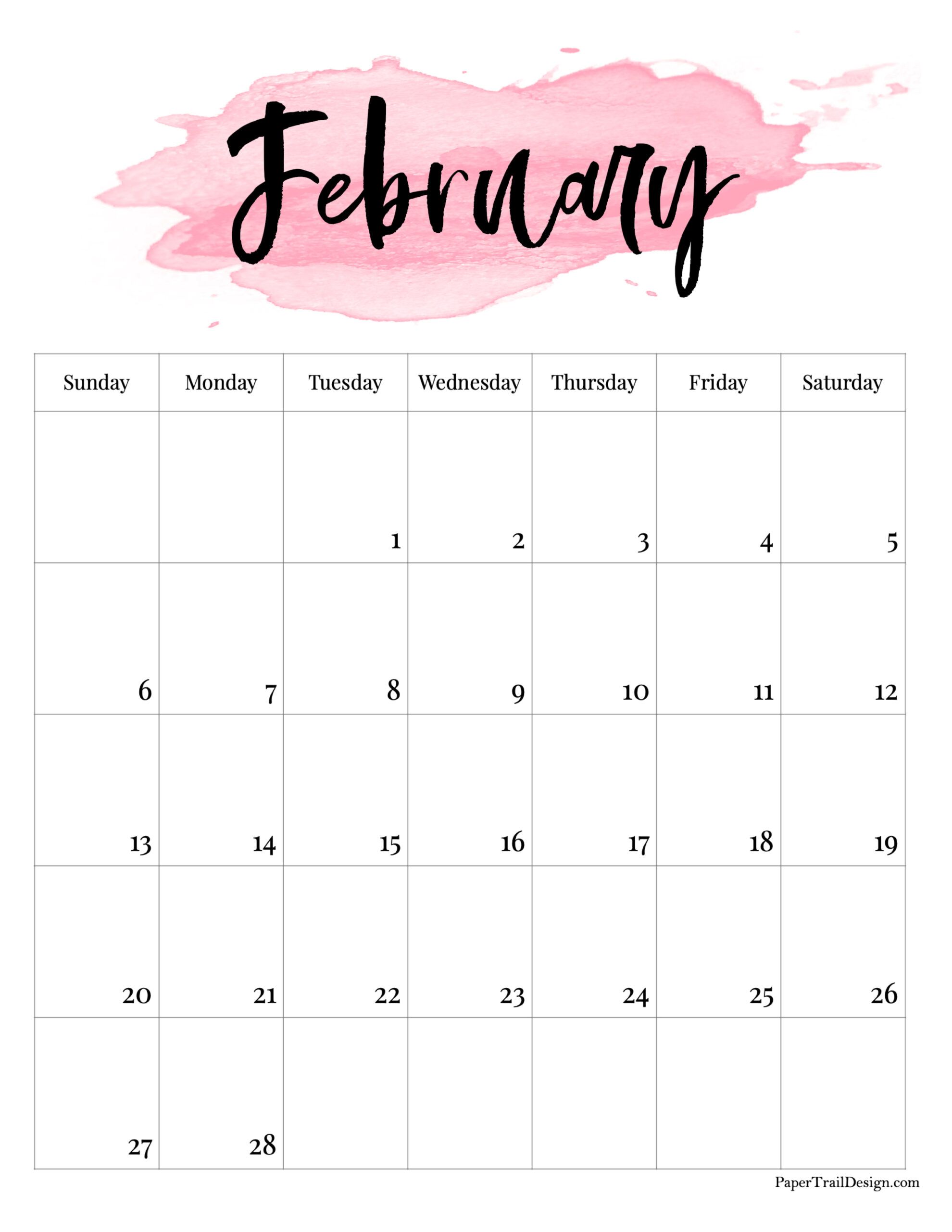 Free Printable February 2022 Calendar 2022 Printable Calendar - Watercolor - Paper Trail Design