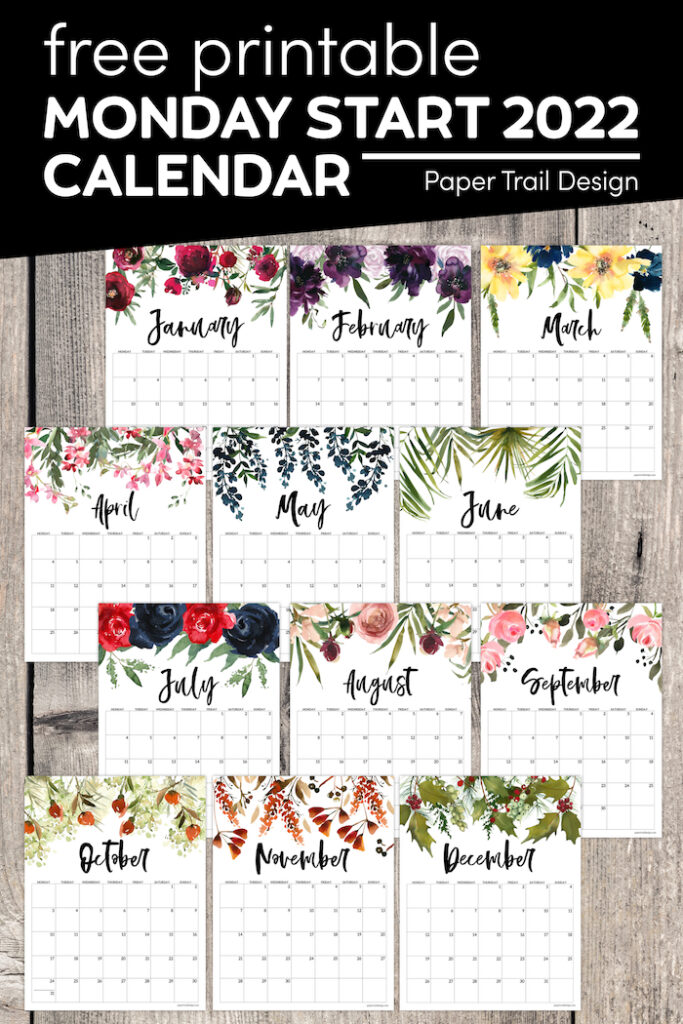 Free Printable 2022 Floral Calendar – Monday Start - Paper Trail Design