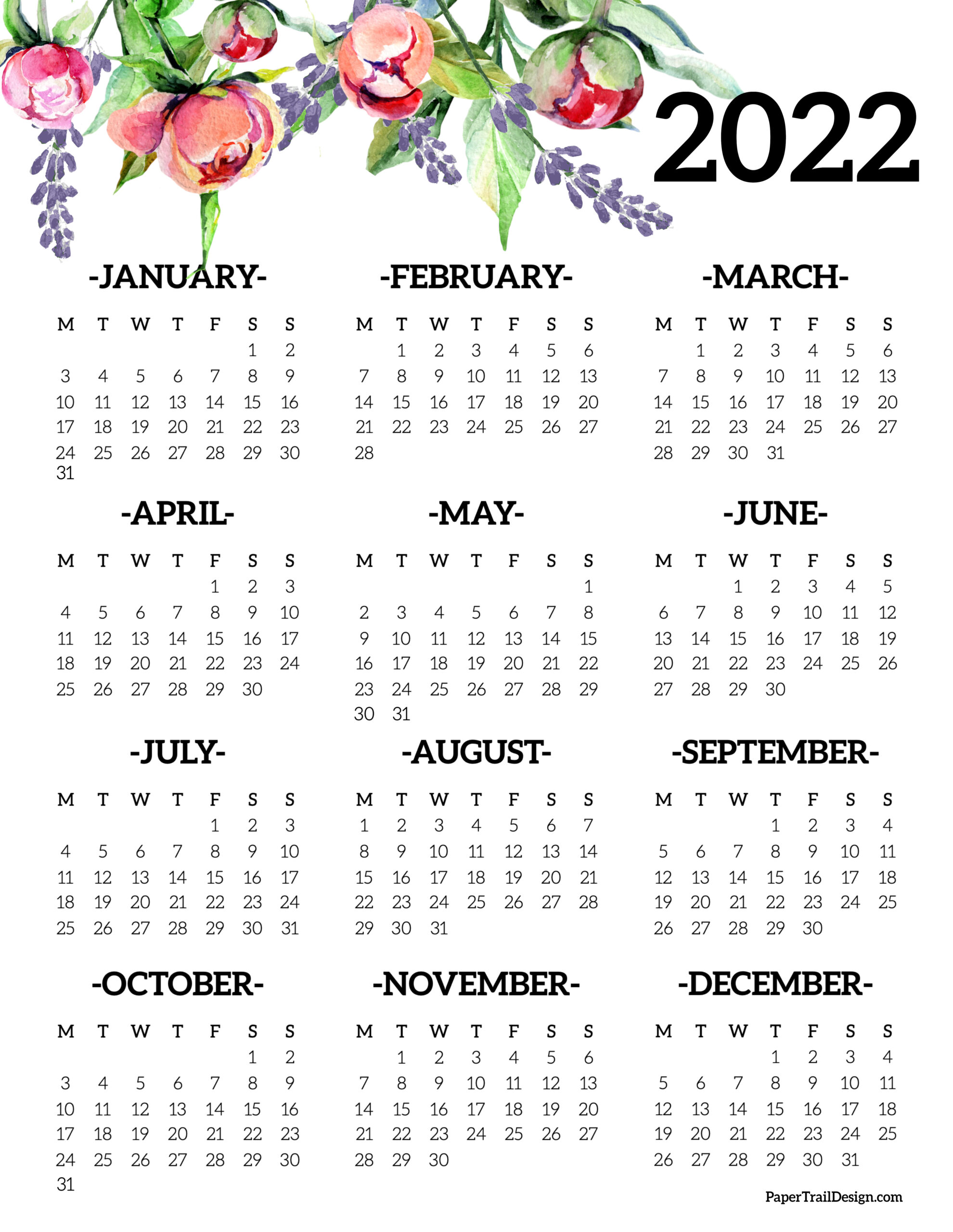 One Page 2022 Calendar 2022 Monday Start Calendar- One Page - Paper Trail Design