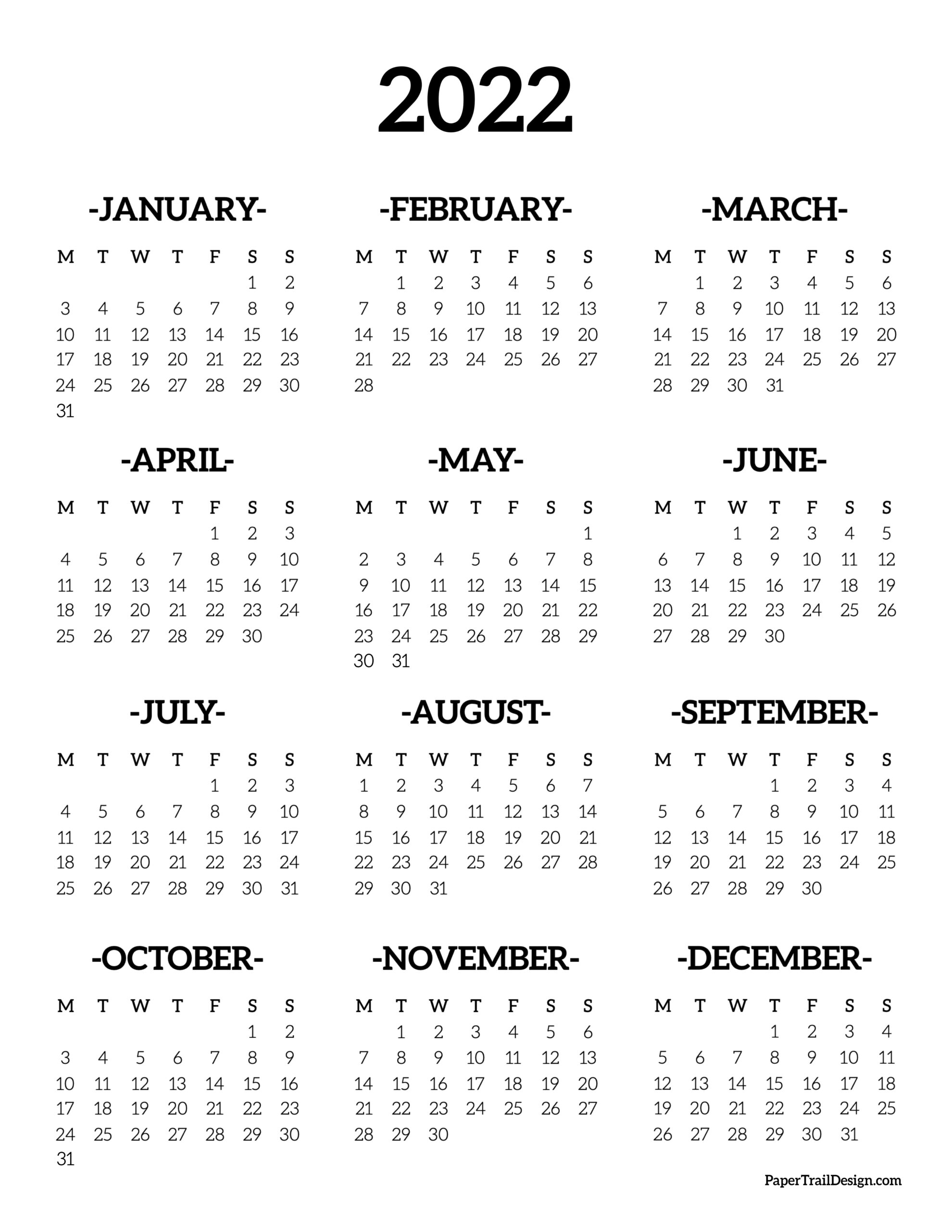 One Page 2022 Calendar 2022 Monday Start Calendar- One Page - Paper Trail Design