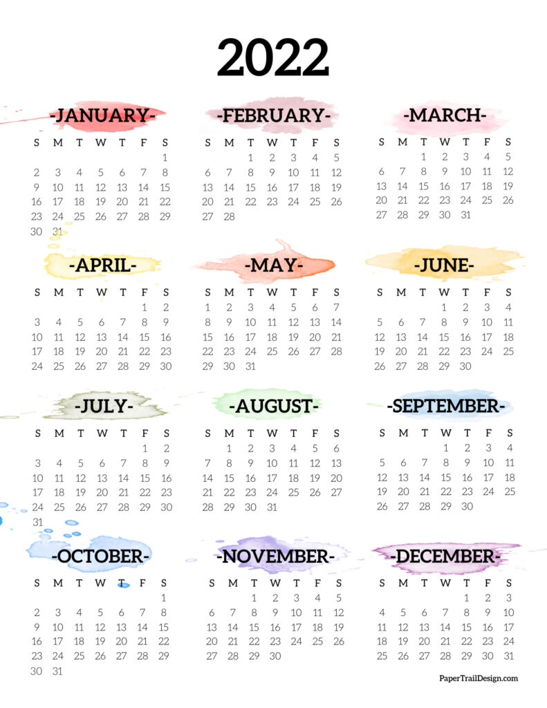 2022 One Page Calendar Printable - Watercolor | Paper Trail Design